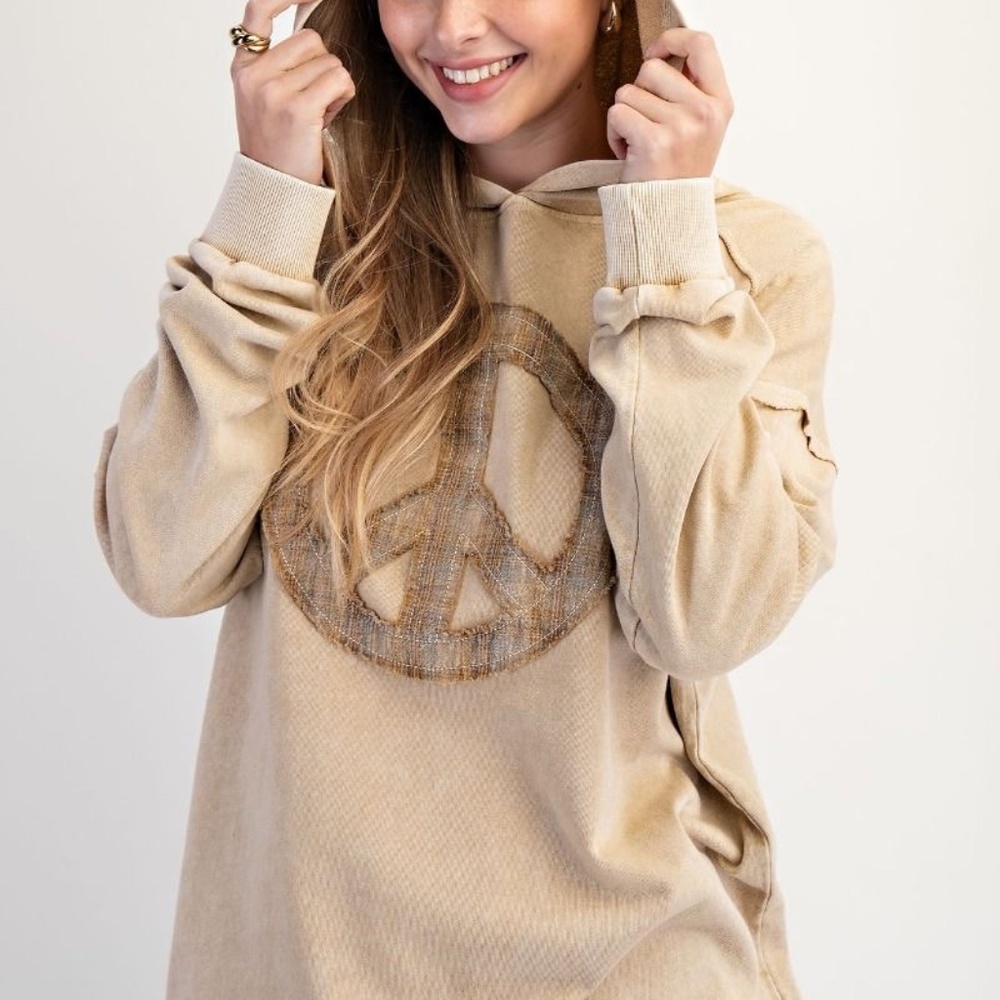 NEW EASEL CLOTHING WASHED TERRY KNIT PULLOVER PEACE HOODIE TAN SWEATSHIRT